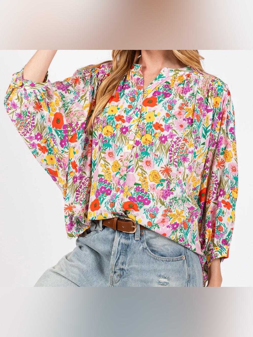 SAGE + FIG Floral Peasant Blouse in Multi-Color flowy comfy cottagecore